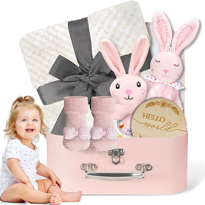 Baby Girl Gifts Newborn Gift Set, Baby Girl Newborn Essentials Gift Basket, Multiple Pieces Baby Girl Gift Basket with Baby Bunny Handbell, Baby Blanket, Keepsake Milestone, Bunny Toy, Baby Socks