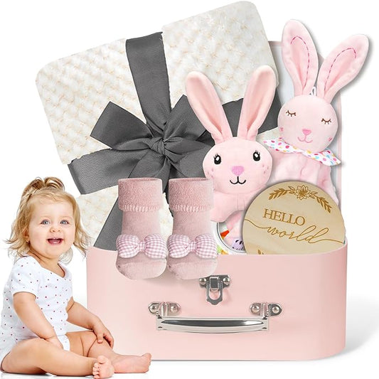 Baby Girl Gifts Newborn Gift Set, Baby Girl Newborn Essentials Gift Basket, Multiple Pieces Baby Girl Gift Basket with Baby Bunny Handbell, Baby Blanket, Keepsake Milestone, Bunny Toy, Baby Socks