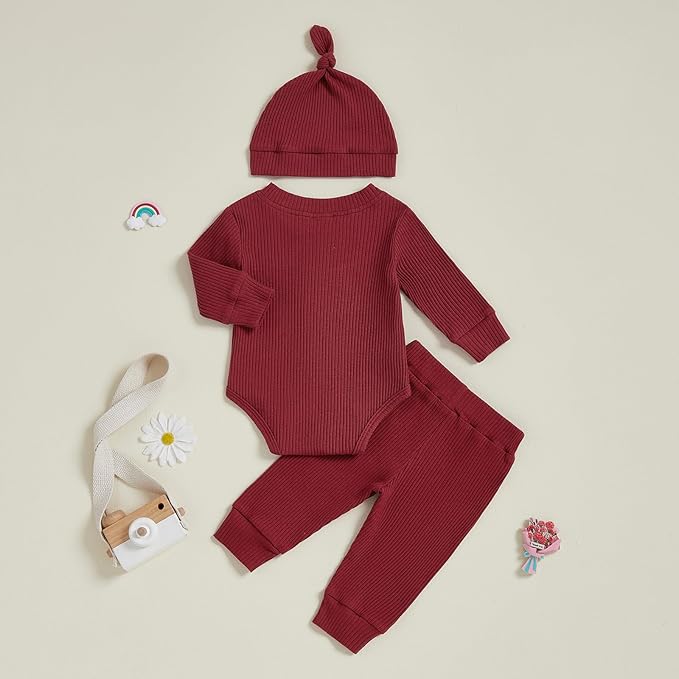 Newborn Baby Boy Clothes Long Sleeve Ribbed Bodysuit Pants Hat 3-Piece Outfit Set