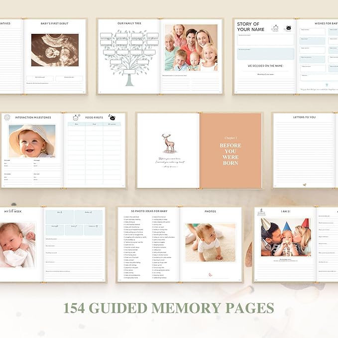 Lanpn Baby Memory Book Journal, Newborn First 5 Year Keepsake with DIY Window, Linen Baby Photo Book Memories Keepsake Scrapbook, Baby Milestone Album for Boy Girl New Parents (Sage Green, 154 Pages)
