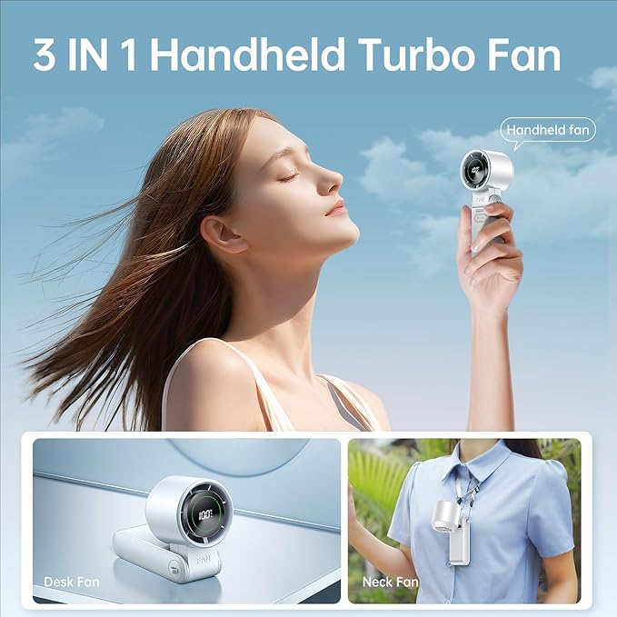 3-in-1 Portable Handheld Turbo Fan-100 Speeds, 13500 RPM, 12Hrs Cooling, Digital Display, 120° Rotation, USB Rechargeable Mini Hand Held Personal Fan for Travel, Makeup, Outdoor, Indoor (White)