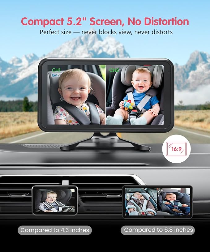 BM2 PRO Dual Baby Car Camera, 5.2" 1080P HD Display for Rear-Facing Car Seats, IR Night Vision, Anti-Shake Mount, Easy Install – Ideal for Parents with 2 Kids and Pets