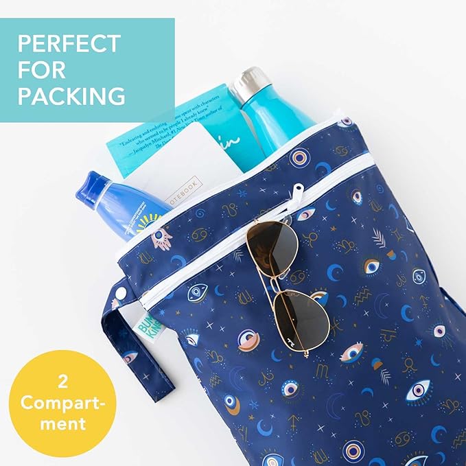 Bumkins Waterproof Wet Dry Bag for Baby, Travel, Swim Suit, Cloth Diapers, Pump Parts, Pool, Beach, Gym Clothes, Toiletry, Hook to Stroller, Daycare, Zipper Reusable Wetdry Packing Pouch, Evil Eye
