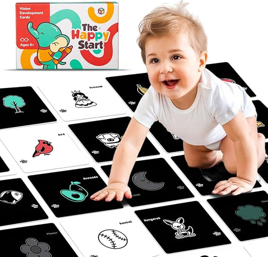 Happy Start High Contrast Baby Cards for Newborns - Black & White Cards, Water-Resistant, BPA-Free, Portable Educational Flashcards for Visual Stimulation, Award-Winning, Ages 0+ (English)