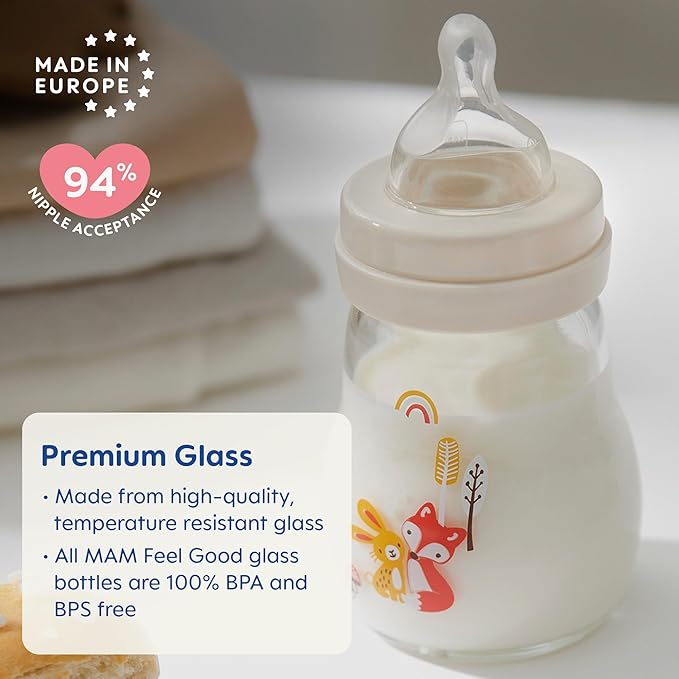 MAM Premium Glass Baby Bottles, Easy Switch Between Breast and Bottle, Feel Good Slow Flow, Newborn Essentials Must Have, 2+ Months, BPA Free, 9oz, Unisex, 3 Pack