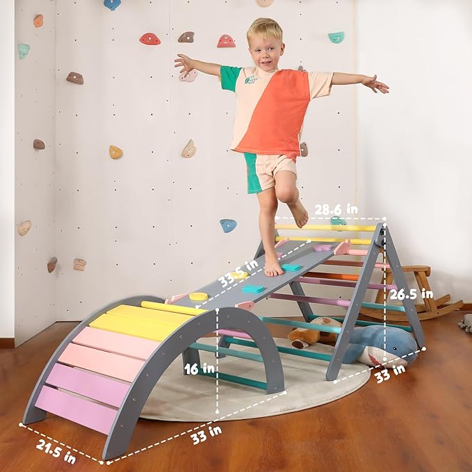 Pikler Triangle Set with Cushion Large, 5 in 1 Toddler Climbing Toys Indoor, Montessori Foldable Climbing Set for Kids, Wooden Playground Jungle Gym with Ramp, Arch and Ladder(Color-A)