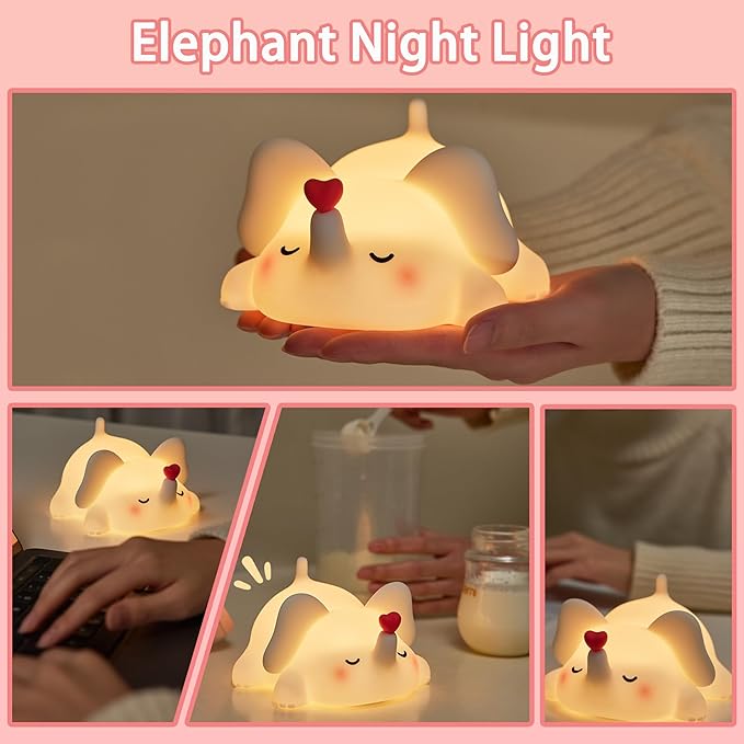 Silicone Elephant Night Light for Kids Room Dimmable Rechargeable Nursery Animal Nightlight Gifts for Women Girls Boys Room Decor 3 Level Brightness Toddler Bedroom Bedside Touch Lamp