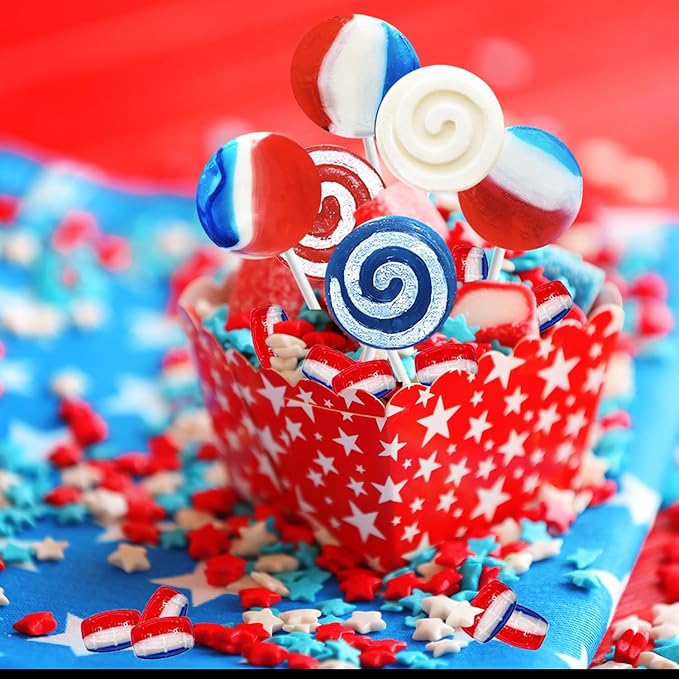Fruidles Assorted USA Patriotic Lollipops & Barrels Mix, Red, White, and Blue Mixed Fruit Flavor, Made in Brazil, Individually Wrapped, 8g (Half-Pound)
