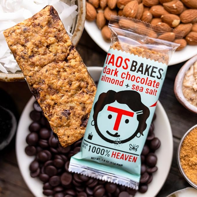 Taos Bakes - Snack Bars - Dark Chocolate Almond + Sea Salt - Protein Bars - 8g of Protein, High Fiber, Vegan, Gluten Free, & Non-GMO - Healthy Snacks for Adults & Kids - (12 Pack, 1.8oz Bars)