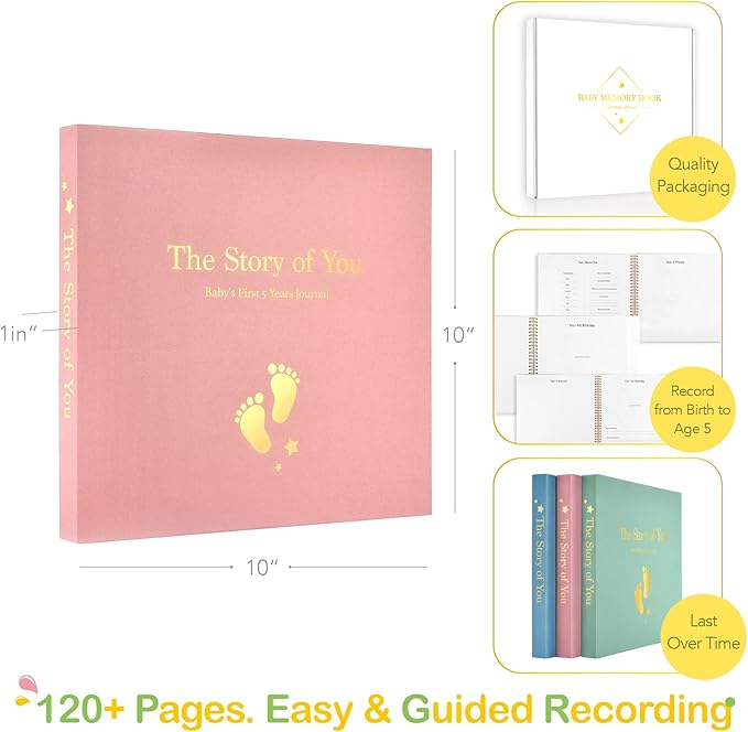 Baby Memory Book First 5 Year Boy or Girl Keepsake Journal Photo Albums Scrapbook, Gifts for Baby Shower First Time Mom New Parents (Footprint - Pink)
