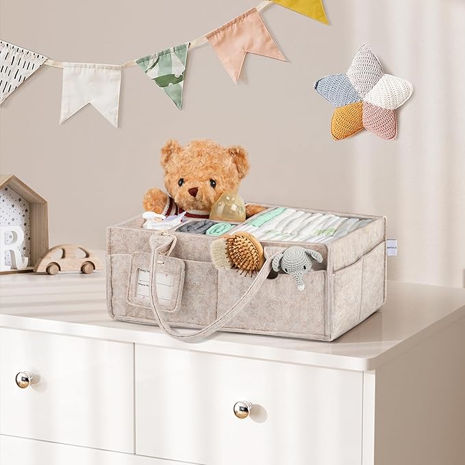 GEMII Diaper Caddy Organizer - Large Baby Caddy Organizer with Handle for Newborn Essentials Boy or Girl (Oatmeal, Large)