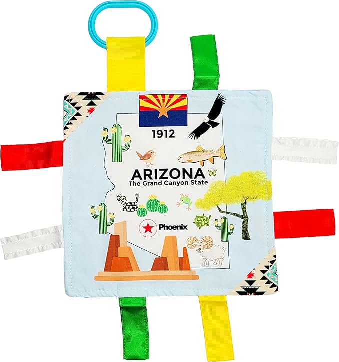 Baby Jack & Co 8x8” Learning Lovey Arizona State Tag Stroller Toy for Babies - Crinkle Toys for Developing Five Senses - Learn About Capitals - Travel with Baby Jack - BPA Free w/Stroller Clip