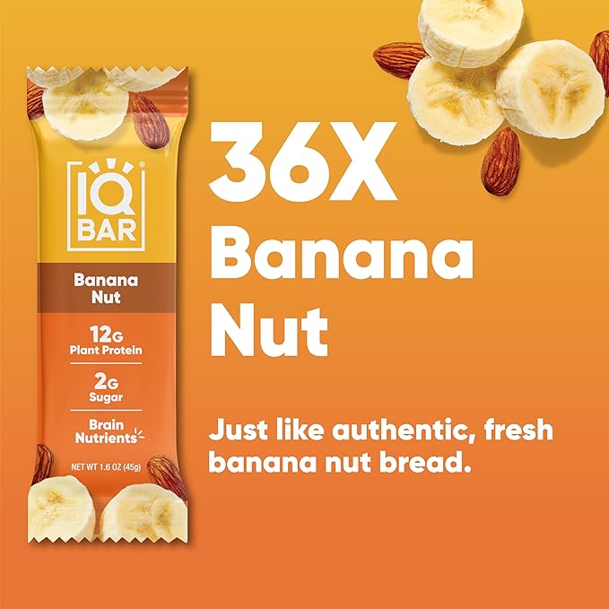 IQBAR Brain and Body Plant Protein Bars - Banana Nut - 36-Count Low Carb - Gluten Free, High Fiber, Vegan Snacks - Low Sugar Meal Replacement