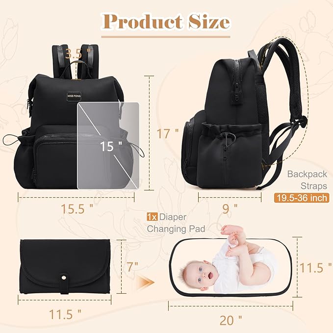 miss fong Diaper Bag Backpack - Baby Diaper Bag Neoprene Bag Large Capacity Neoprene Backpack with Diaper Changing Pad Travel Diaper Backpack Baby Backpack with 12 Pockets for Mom & Dad -Black