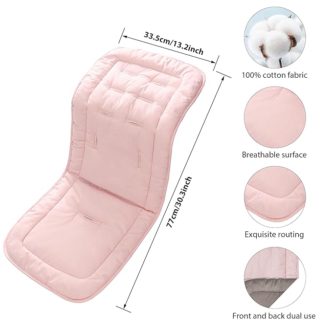 Baby Stroller Cushion, Infant Car Seat Insert-Universal Breathable and Soft Newborn Stroller Mat-100% Cotton Cover Toddler Seat Pad Liner for Stroller, 34x78cm,1 Pack（Grey+Pink）