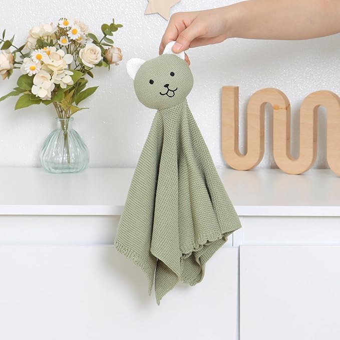 LAWKUL Baby Blanket Bear Lovey Soft Cuddly Security Blanket for Newborns Infants Boy Girl Knit Snuggle Comfort Green 16x16in