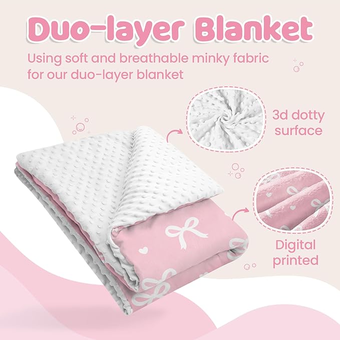 Bow Minky Baby Blanket 30 x 40 Inches for Girls, Soft Plush Receiving Blanket with Dotted Back, Gift for Toddler Newborn Infant Christmas Birthday Baby Shower