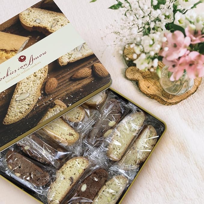 Italian Biscotti Cookie Gift Box, 2lb Square Tin of Individually Wrapped Gourmet Biscotti - Authentic Italian Cookies for Gifting, Coffee Pairing, and Elegant Celebrations