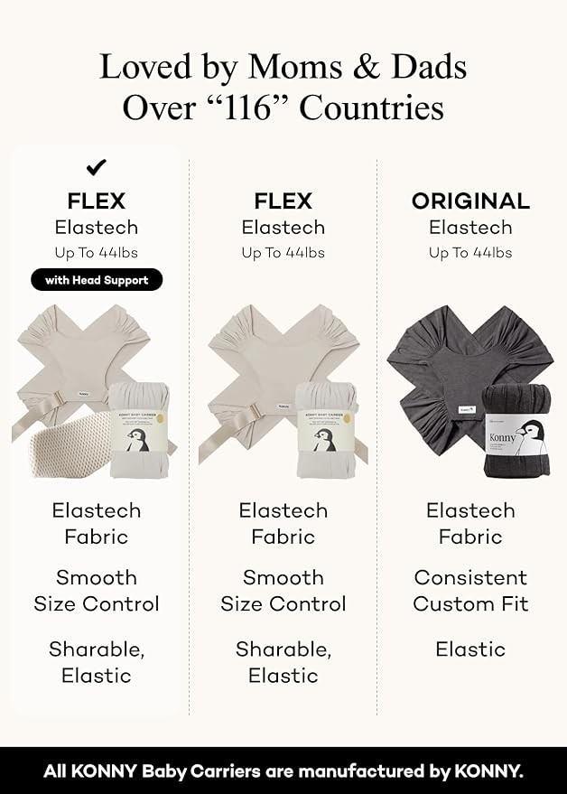 Konny Baby Carrier Flex SoftBreeze with Head Support - Adjustable, Easy to Wear Baby Wrap Sling, Perfect for Newborn Babies Essentials up to 44 lbs (XS-XL) - Mocha