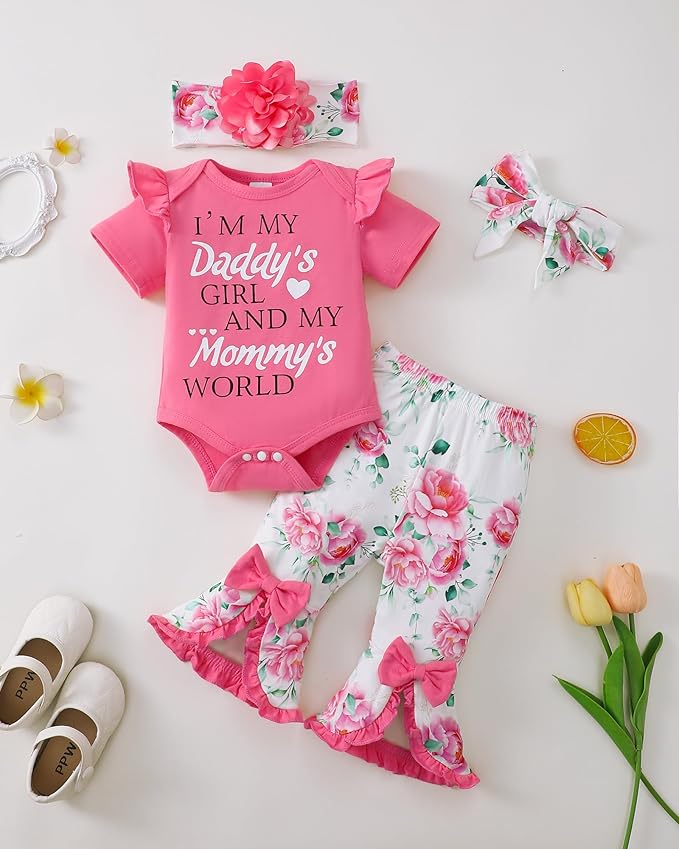 SUNNY PIGGY Newborn Baby Girl Clothes Infant Outfits Romper Floral Fall Outfit Bell Bottoms Pant Sets Hat Headband Flowerpant