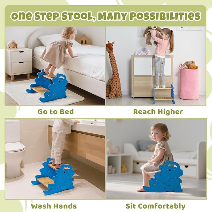 COSYLAND Height Adjustable Step Stools for Kids - Supports Up to 220 KBS Wooden Step Stool for Toddlers, Portable Stepping Stools with Handle for Kitchen, Bathroom (Natural & Blue)