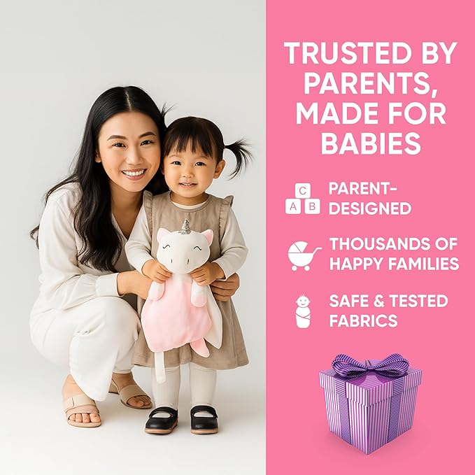 Love By Emi Baby Music Lovey Pink & White Unicorn, Baby Sleep Soother for Crib & Cuddle Bedtime, White Noise with Heartbeat & Lullaby, Plush Sound Toy, Stuffed Animal for Newborns, Infants & Toddlers