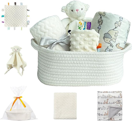 CREVENT Baby Welcome Gift Set Storage Basket with 2 Blankets+ 1 Security Blanket + 1 Taggie + 1 Gift Bag with Ribbon (Ivory)