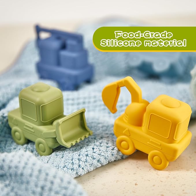 Mold-Free Baby Bath Toys, 4 Pack Silicone Bath Toys - Truck & Construction Toys | Soft, Squeezable & Float on Water | Easy-Grip Bath Toy Toddler 2-4 | Bathtub Water Pool Sand Toys for Baby Gifts