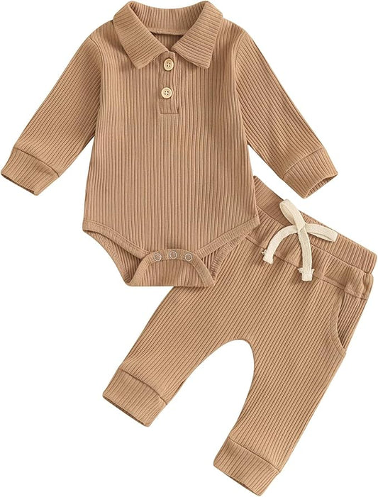 Newborn Baby Boy Girl Clothes Ribbed Knitted Long Sleeve Romper Pants Solid Cotton Infant Fall Winter Outfits 2Pcs