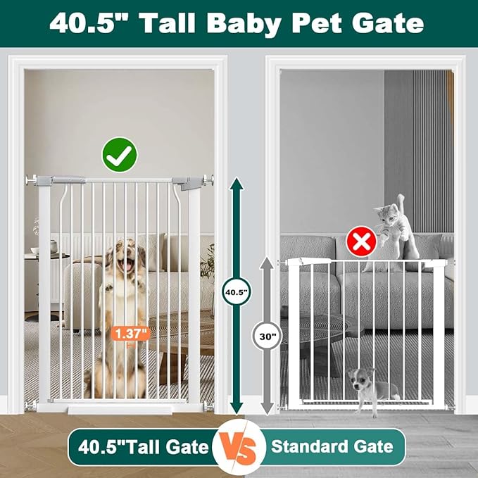 Fairy Baby 40.5" Extra Tall Baby Gate for Stairs, 40.6"-54.7" Extra Wide Dog Pet Gate Indoor Outdoor, Pressure Mounted Walk Thru Swing Metal Safety Child Gate, Cat Puppy Gate for House Doorways, White