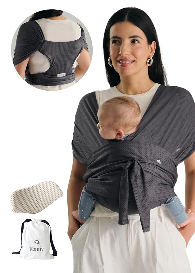 Konny Baby Carrier Flex AirMesh with Head Support- Adjustable, Easy to Wear Baby Wrap Sling, Perfect for Newborn Babies Essentials up to 44 lbs (M-4XL) -Charcoal