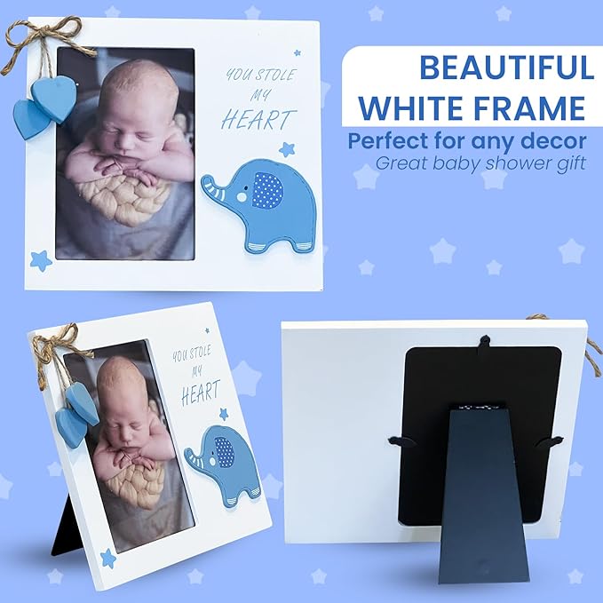 Baby Boy You Stole My Heart Newborn Wooden Picture Frame | Perfect for Baby Shower, Pregnancy Gift, Mom & Grandma Gifts | Fits 4 x 6 Pic (Blue)