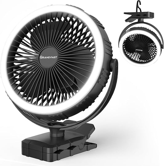 Camping Rechargeable Fan, Battery Operated with Timer, Powerful Airflow Portable Fan, Strong Clip with Light & Hook for Tent Outdoor Travel BBQ Hurricane Power Outage