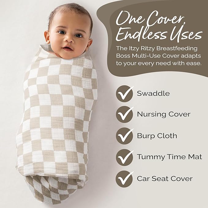 Itzy Ritzy Breastfeeding Boss Multi-Use Cover – A Nursing Cover, Swaddle, Car Seat Wrap, Tummy Time Mat & Burp Cloth All in One – Made of Soft Muslin Fabric & Measures 47” x 47” (Checkerboard)