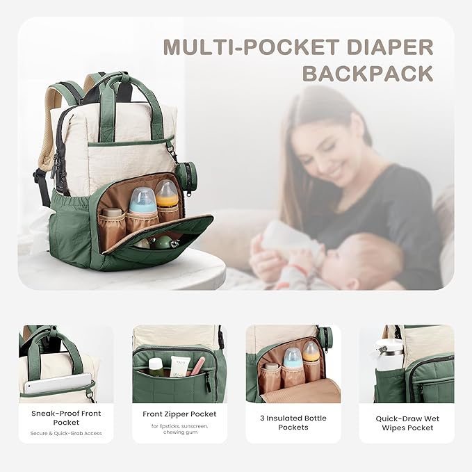VONAL Diaper Bag Backpack, Lightweight Baby Diaper Bags, Travel Large Diaper Bag with Changing Station, Green Diaper Backpack for Boys Girls Newborn with Insulated Pockets, Stroller Straps
