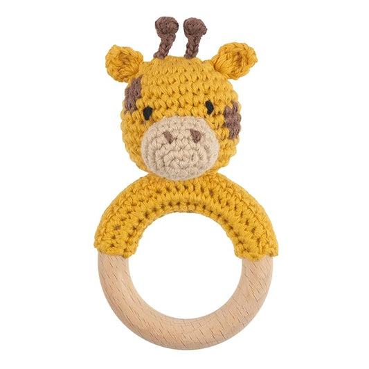 Joliecraft Safari Animals Wooden Baby Rattle Toys Stuffed Crochet Rattle with Teether Ring for Newborn, Giraffe
