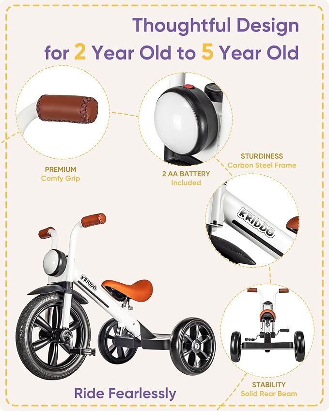 KRIDDO Kids Tricycle, 12 Inch Puncture Free Wheel w Front Light, Adjustable Seat Height, Gift for 2-5 Year Olds, White