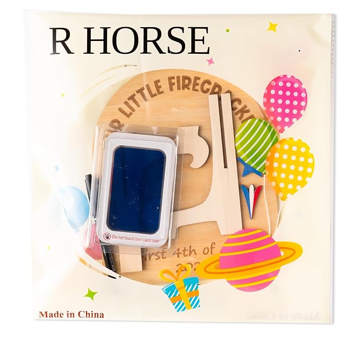 R HORSE Baby's First July 4th Footprint or Handprint DIY Art Sign Craft, 3D Engraved Wooden Hanging Ornament, Newborn Keepsake Gift Photo Prop for Unisex Baby Independence Day Baby Shower Supplies