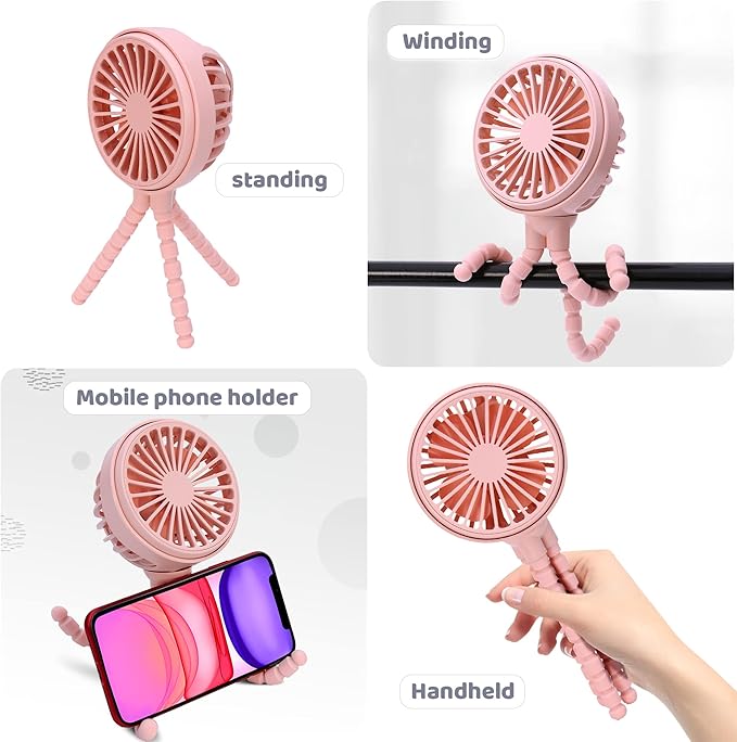 LAT Stroller Fan Flexible Tripod Clip On Fan,Portable Fan Car Seat Baby Fan with Flexible Tripod (Pink)