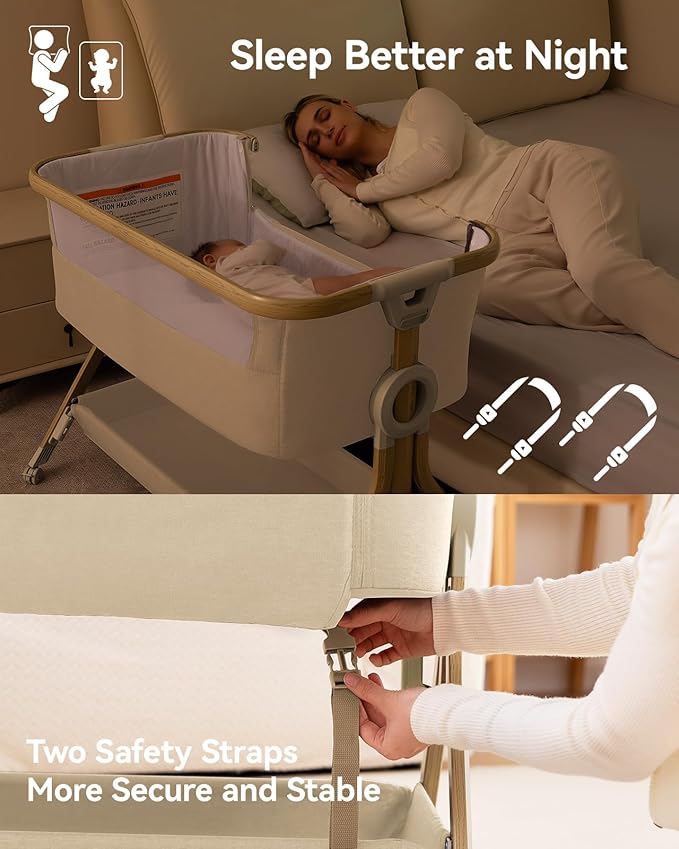 Larex Baby Bassinet, Baby Bassinet Bedside Sleeper with Storage Basket and Wheels, Height Adjustable Portable Crib for Newborn Infant, Easy Assemble and Folding(Khaki)