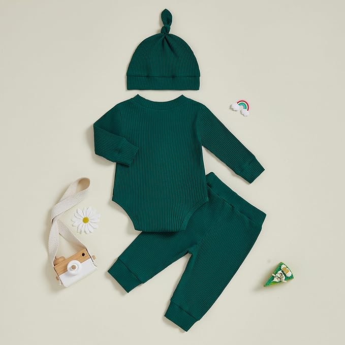 Newborn Baby Boy Clothes Long Sleeve Ribbed Bodysuit Pants Hat 3-Piece Outfit Set