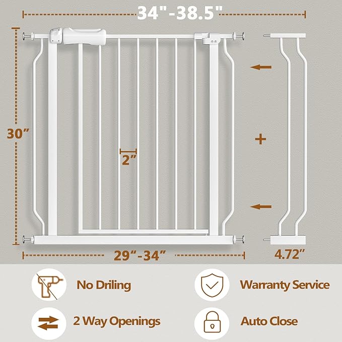 Fairy Baby Baby Gate for Doorways Stairs Hallway 34-38.5 Inch Wide, Walk Through Child Gates with Pressure Mounted Extention Kit, Indoor Safety Child Gates for Kids or Pets