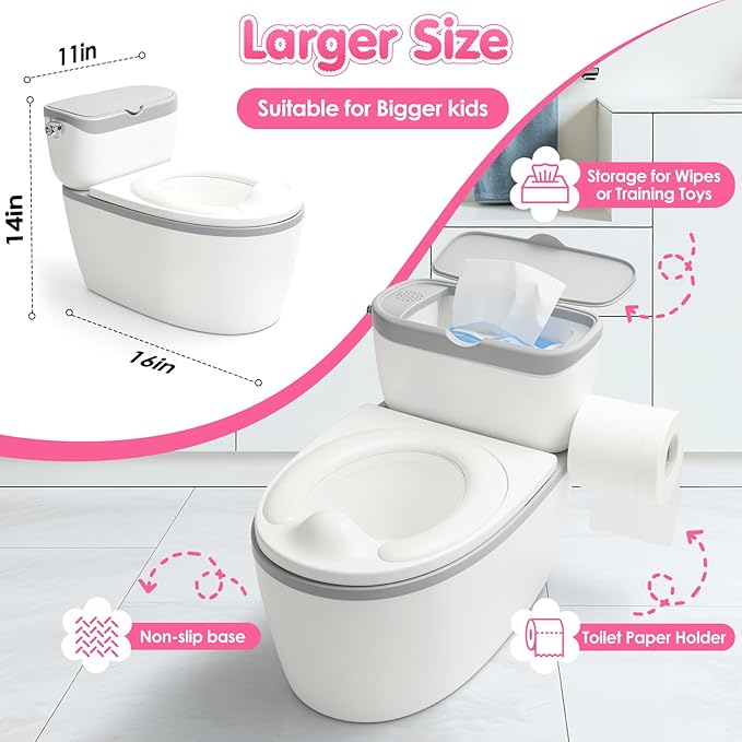 3-in-1 Toddler Potty Training Toilet, for Ages 6 Months+, Realistic Potty Training Seat with Flushing Sound, Wipes Storage, Toilet Paper Holder