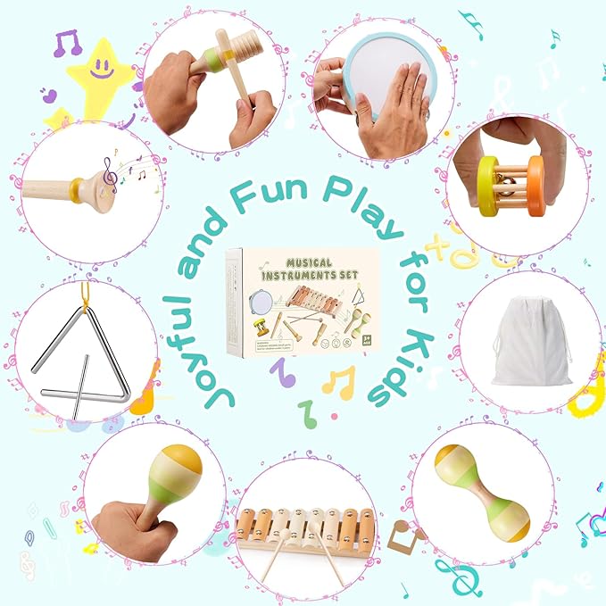 Baby Musical Instruments Set Montessori Wooden Toy for Toddlers 3 Percussion Music Xylophone for Kids Preschool Learning Resource Christmas Birthday Gifts for Boys Girls Aged 3 4 5 (Warm)