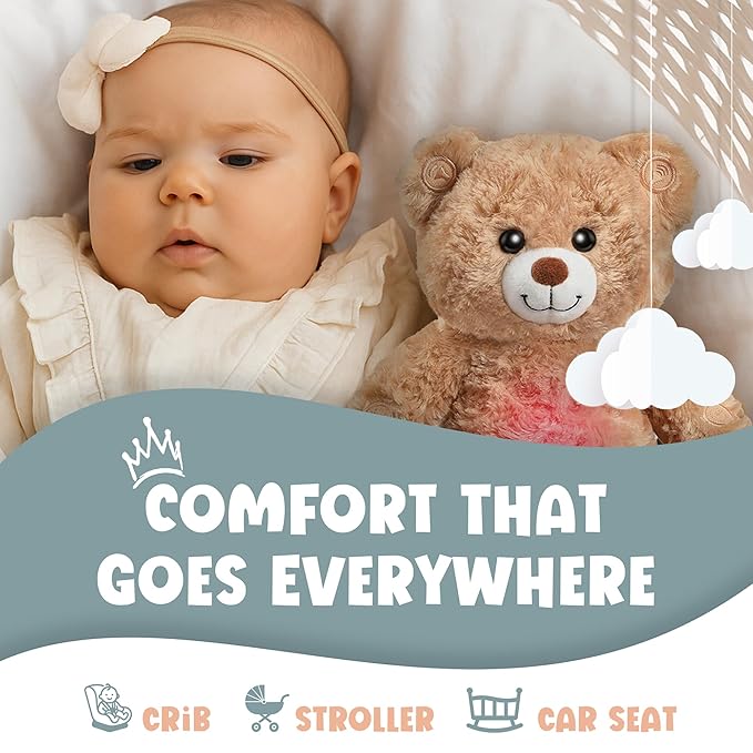 Gemma Joy Baby Sleep Soother Teddy Bear for Baby – Cry Activated Heartbeat Stuffed Animal – Rechargeable Crib Soother with White Noise, Shush, Lullabies & Night Light – Newborn Essentials Must Haves