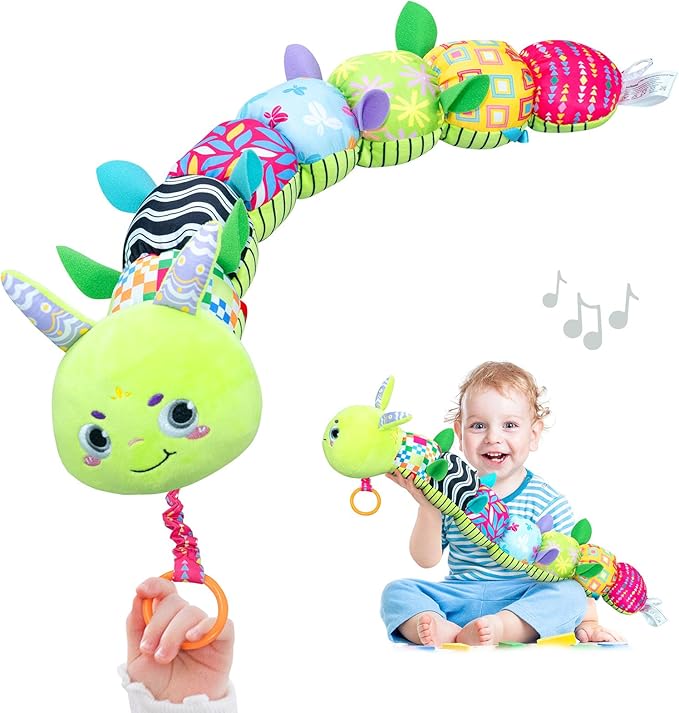 Infinno Baby Musical Stuffed Sensory Toys for Girls and Boys, Infant Soft Security Toys for Newborns 0-3-6-12 Months with Crinkle and Rattles, Caterpillar, Green