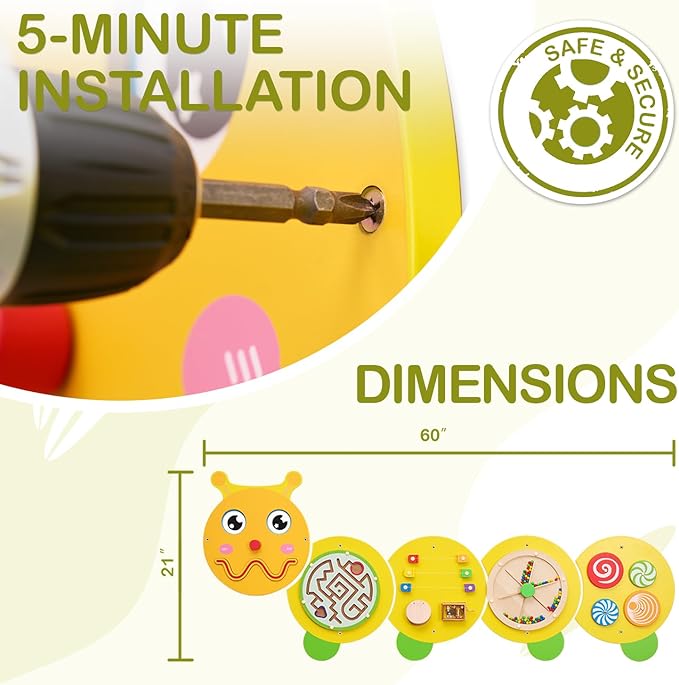 Monläurd® Caterpillar Montessori Busy Board,Sensory Board,Educational Toys,Activity Cube,Wall Toys,Daycare Furniture,Playroom Furniture,Interactive Toys,Wooden Toys,Learning Toys,Boys and Girls 6 M+