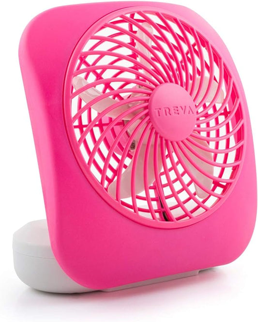 O2COOL Treva 5 Inch Battery Powered Fan Portable Desk Fan 2 Cooling Speeds with Compact Folding & Tilt Design Cubicle Accessories Small Portable (Raspberry)