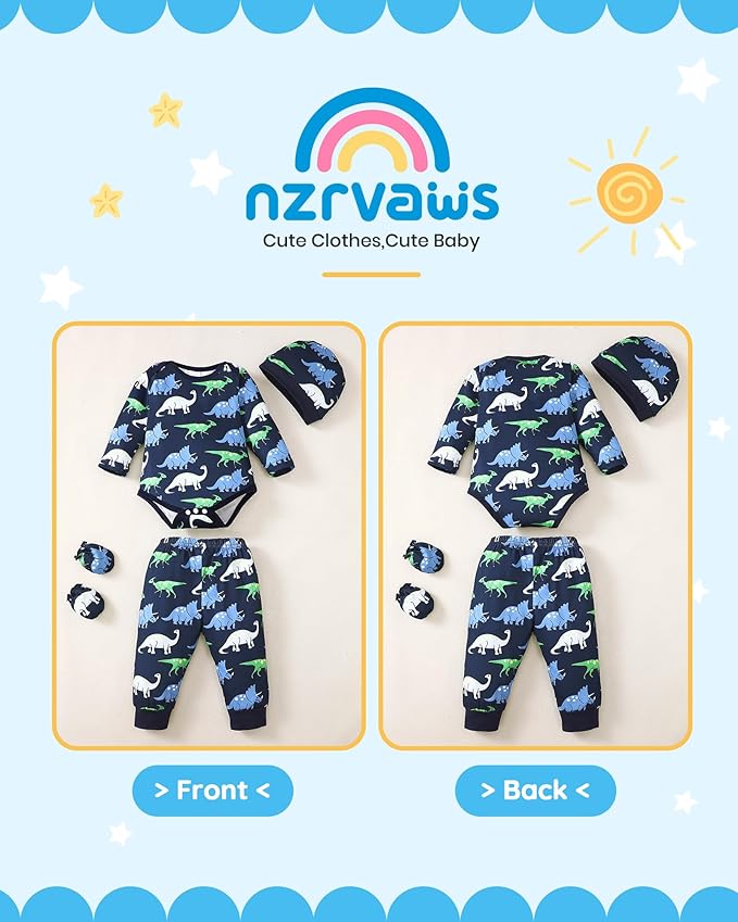 NZRVAWS Newborn Baby Boy Girl Clothes Unisex Infant Romper Pants Set Hat 4-Pack Outfits 0-12 Months 16 Pieces Toddler