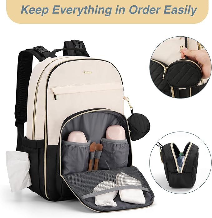 MOMUVO Diaper Bag Backpack, Quilted Baby Bag with Changing Pad & Stroller Straps & Pacifier Case, Multifunction Waterproof Travel Diaper Bags, Unisex, Black Beige